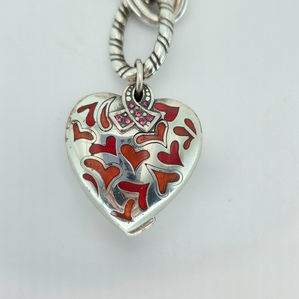 BRIGHTON "Power of Pink" Bracelet Breast Cancer Charm Red & Pink Silver Plate 8" - Picture 4 of 8